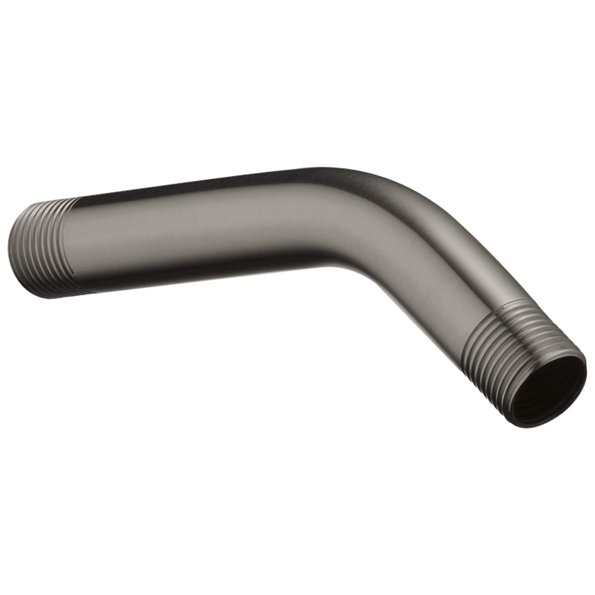 Black stainless steel curved shower arm with threaded connections at both ends.