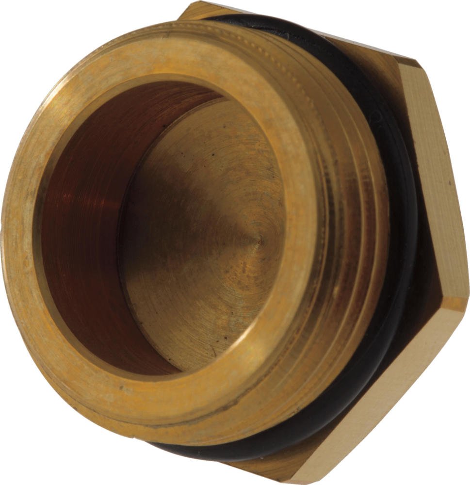 Brass push-button diverter plug with threaded connection and black rubber seal.