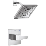Chrome square showerhead with perforated spray pattern and curved arm, paired with rectangular wall-mounted lever trim plate.