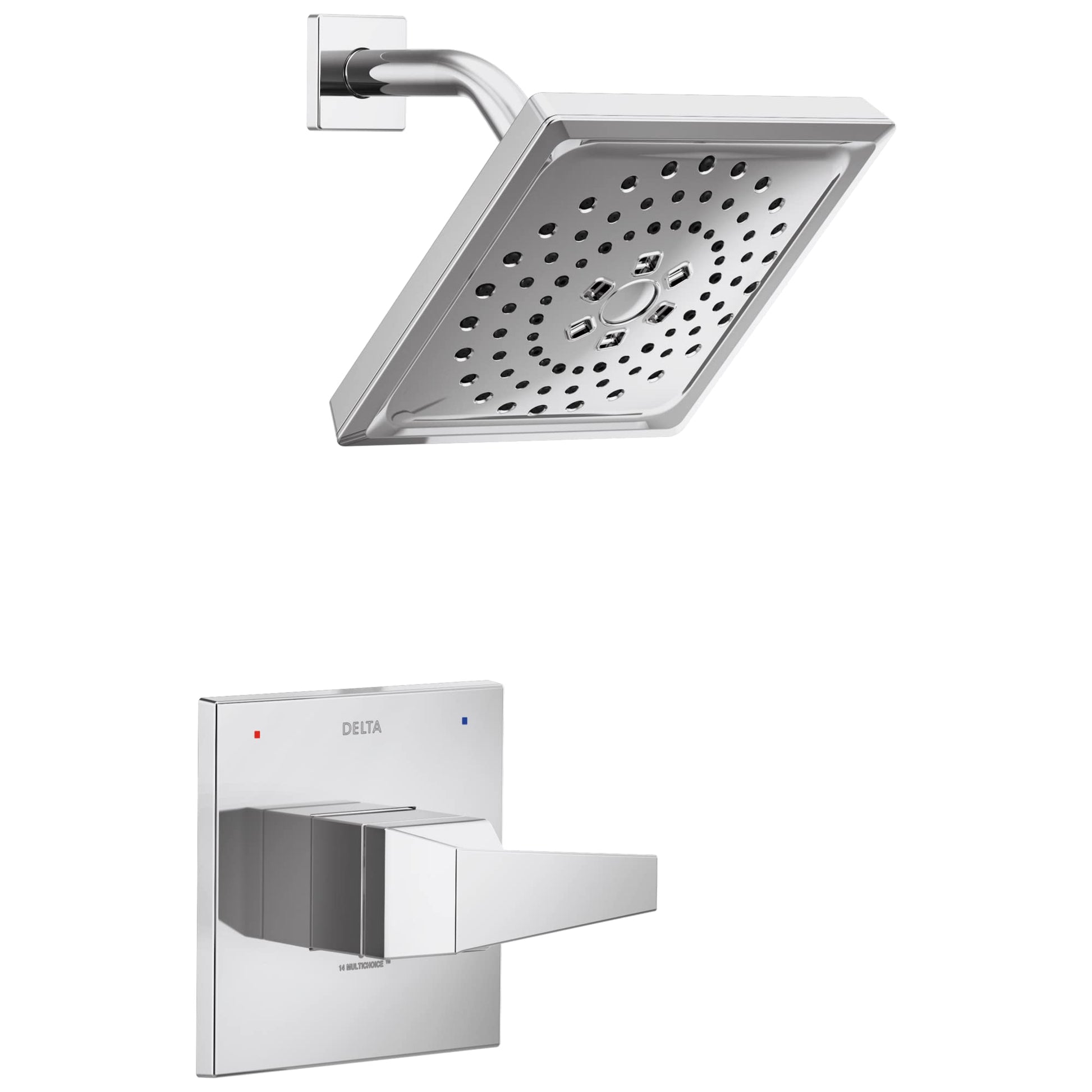 Chrome square showerhead with perforated spray pattern and curved arm, paired with rectangular wall-mounted lever trim plate.