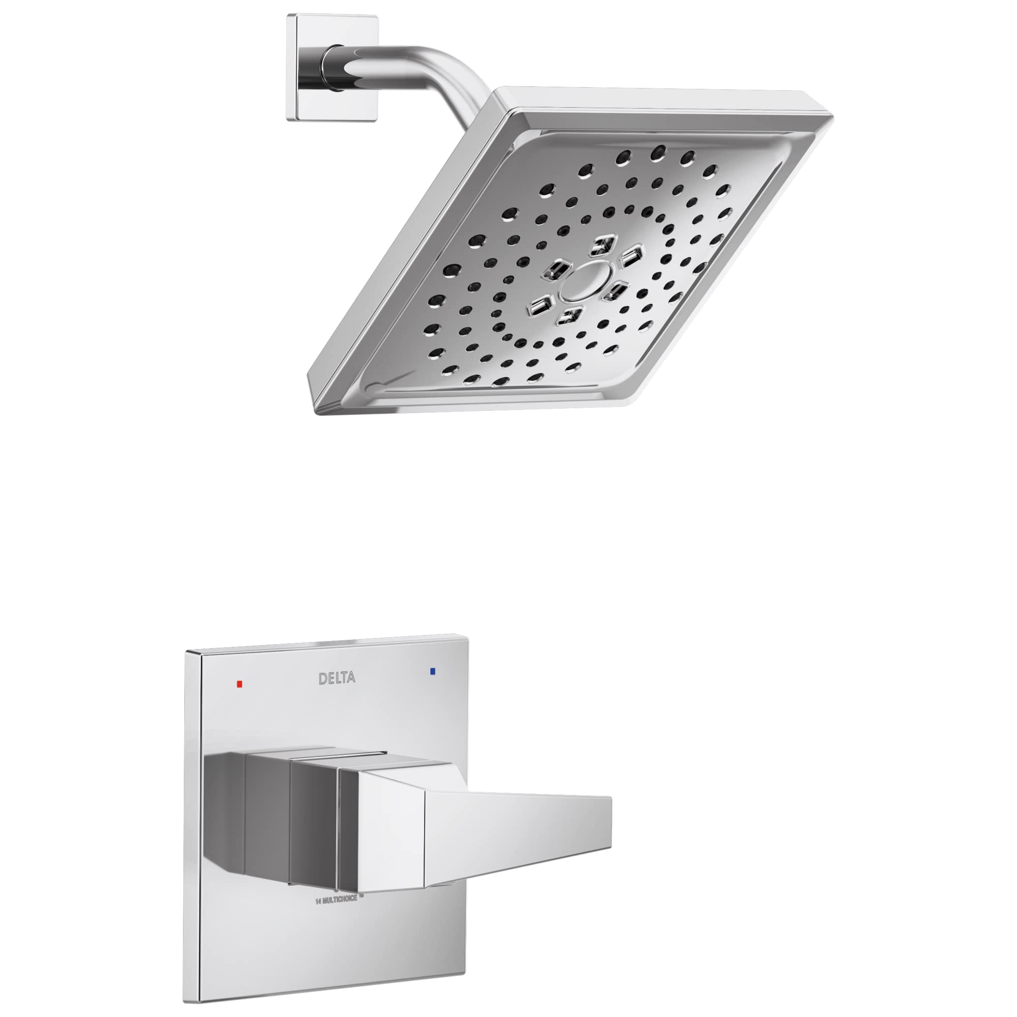 Chrome square showerhead with perforated spray pattern and curved arm, paired with rectangular wall-mounted lever trim plate.