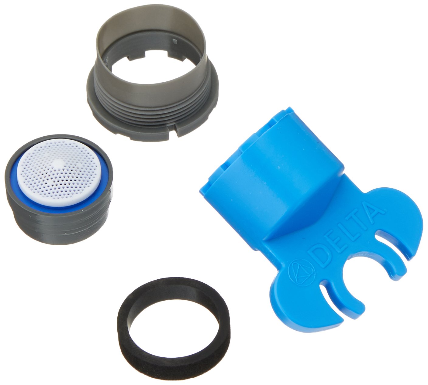 Delta faucet aerator components including gray threaded collar, perforated screen with blue ring, blue wrench tool, and black