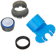 Delta faucet aerator components including gray threaded collar, perforated screen with blue ring, blue wrench tool, and black