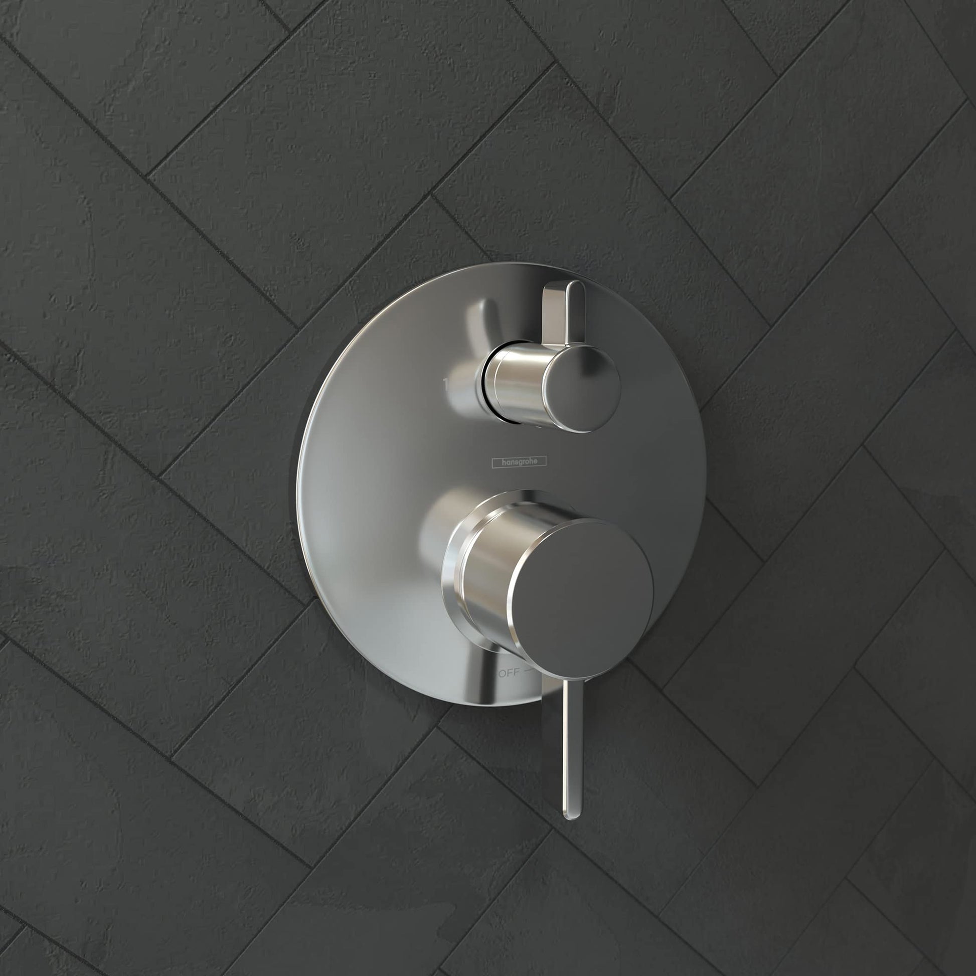 Chrome pressure balance shower valve trim with circular escutcheon plate, upper diverter lever, and lower temperature control