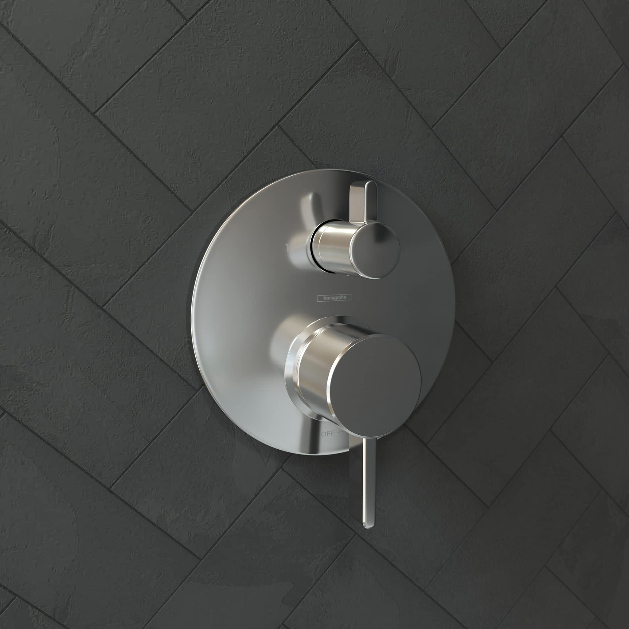 Chrome pressure balance shower valve trim with circular escutcheon plate, upper diverter lever, and lower temperature control