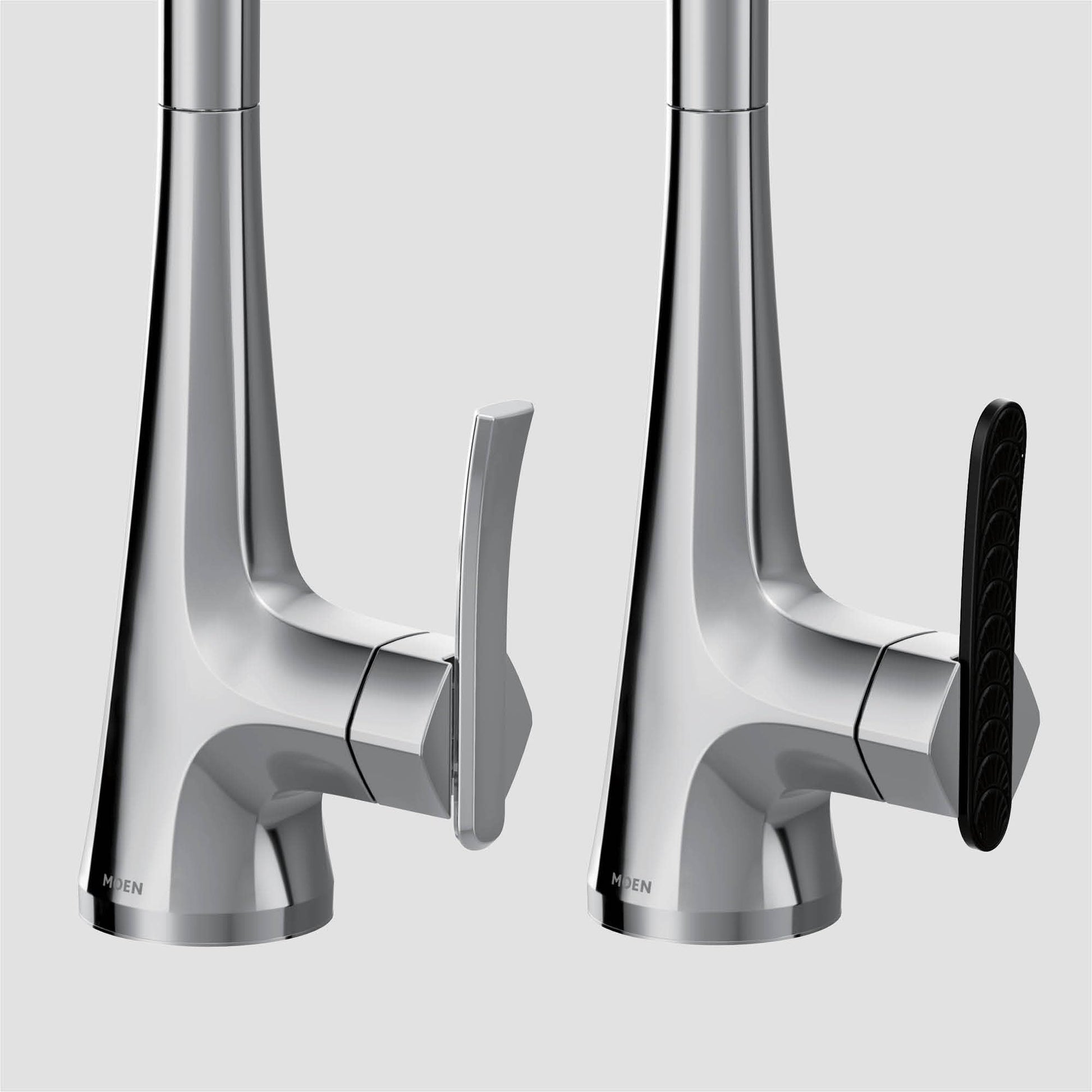 Chrome single-handle high arc pulldown bar faucet with lever handle shown in two positions.