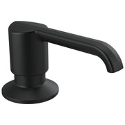 Matte black metal soap dispenser with cylindrical pump body and curved spout attached to round base.