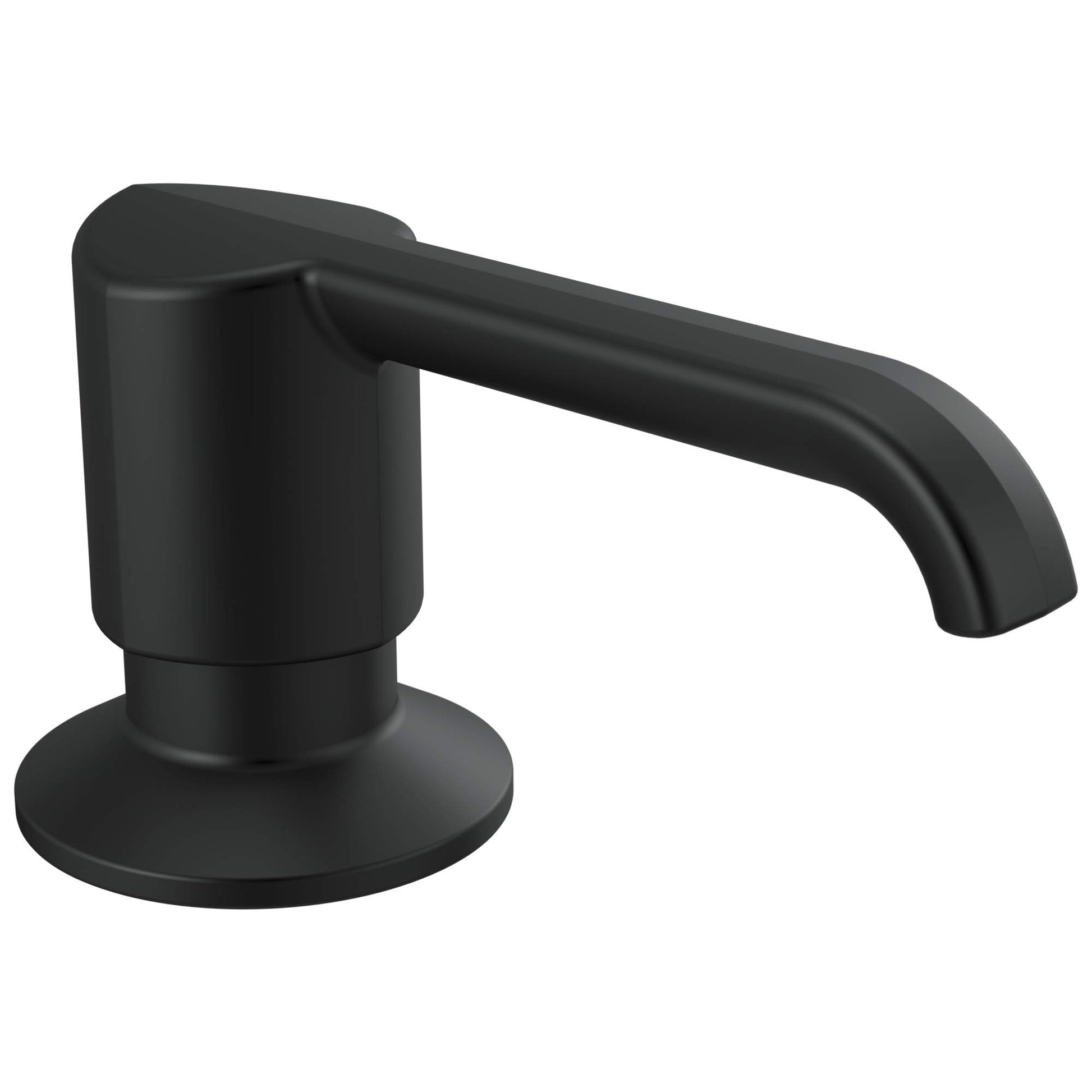 Matte black metal soap dispenser with cylindrical pump body and curved spout attached to round base.