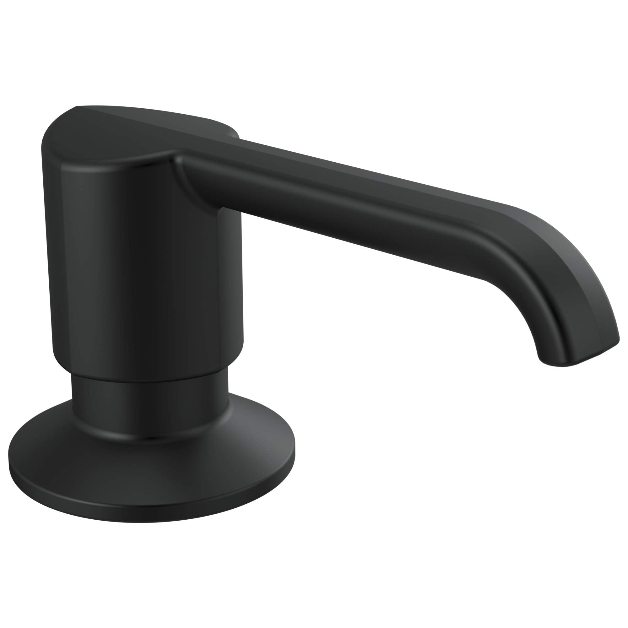 Matte black metal soap dispenser with cylindrical pump body and curved spout attached to round base.