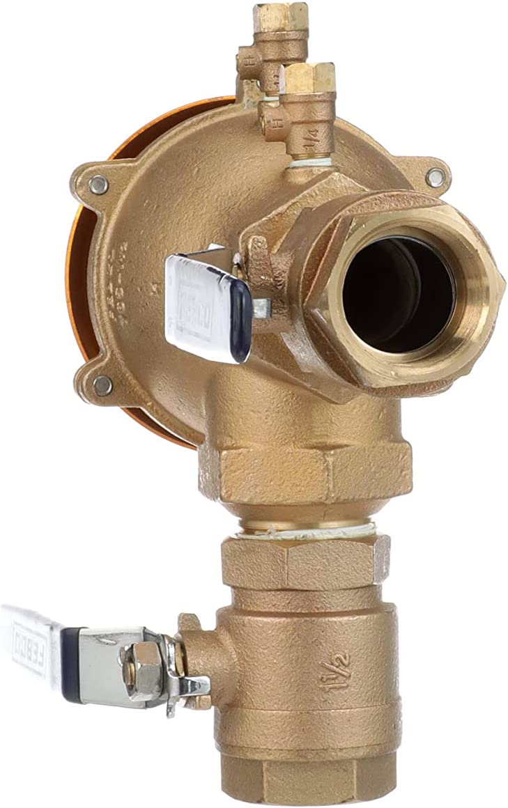 Bronze pressure vacuum breaker with 1-1/2 inch threaded connections, freeze sensor, and two outlet ports.