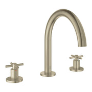 Brushed nickel three-piece roman tub faucet with curved spout and two cross handles on circular bases.