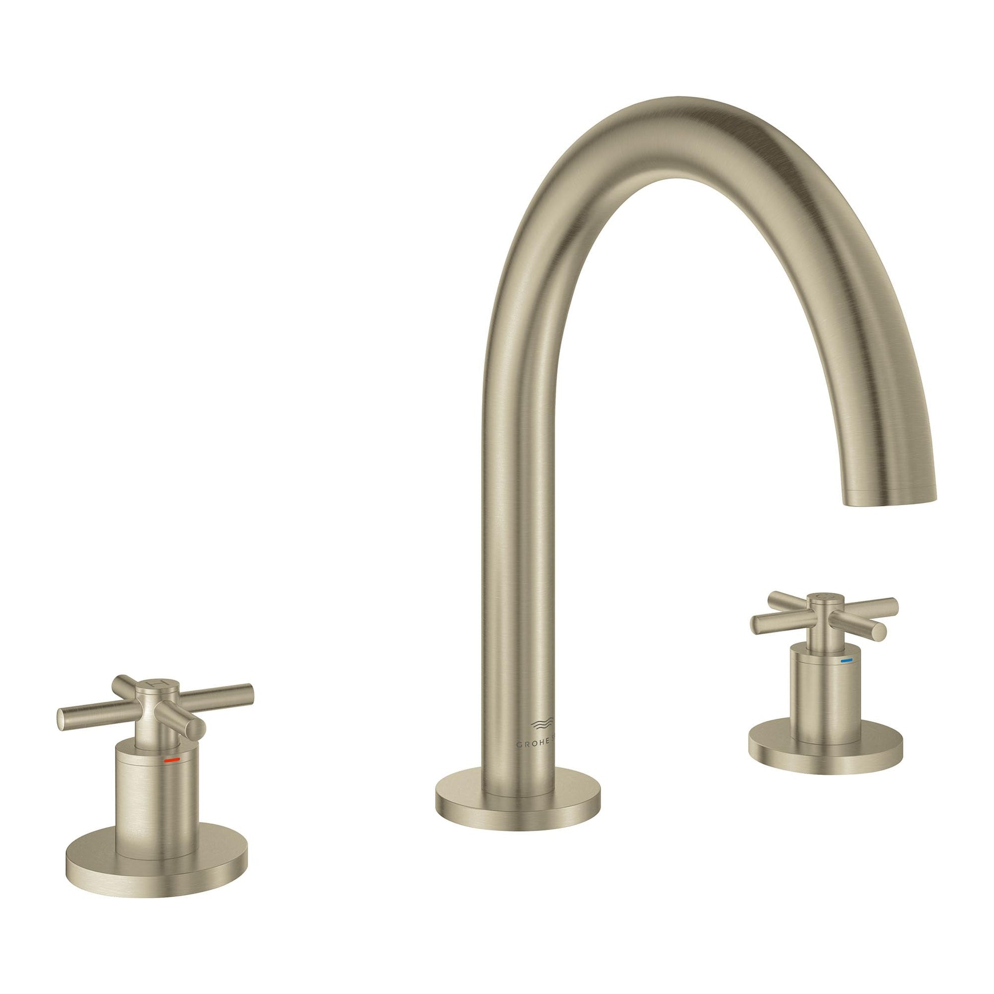 Brushed nickel three-piece roman tub faucet with curved spout and two cross handles on circular bases.