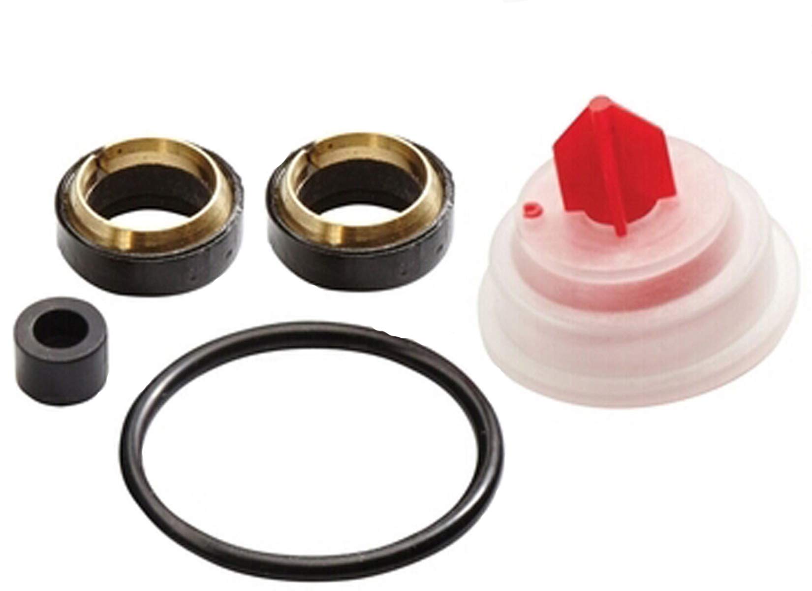 Grohe repair seal set containing two brass-ringed black seals, one small black rubber seal, one black rubber ring, and pink r