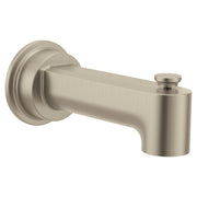 Brushed nickel tub spout with diverter lever and circular mounting flange on white background.