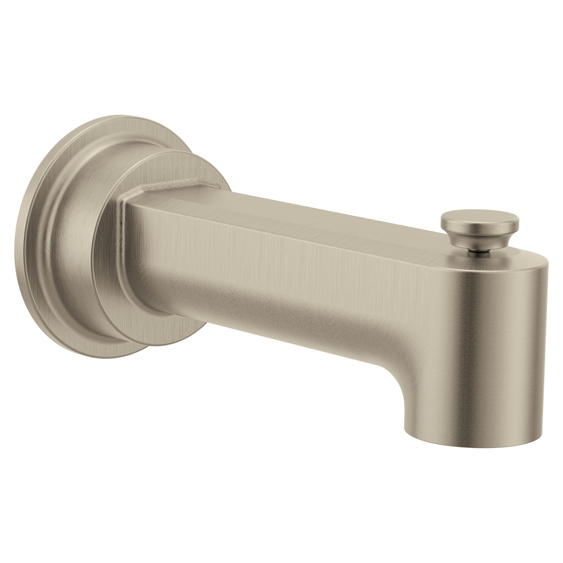 Brushed nickel tub spout with diverter lever and circular mounting flange on white background.