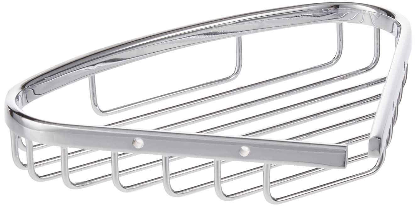 Chrome wire basket with curved top rail and multiple vertical dividers for bathroom storage.