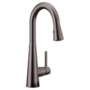 Black stainless steel pulldown bar faucet with high arc spout and single handle control.