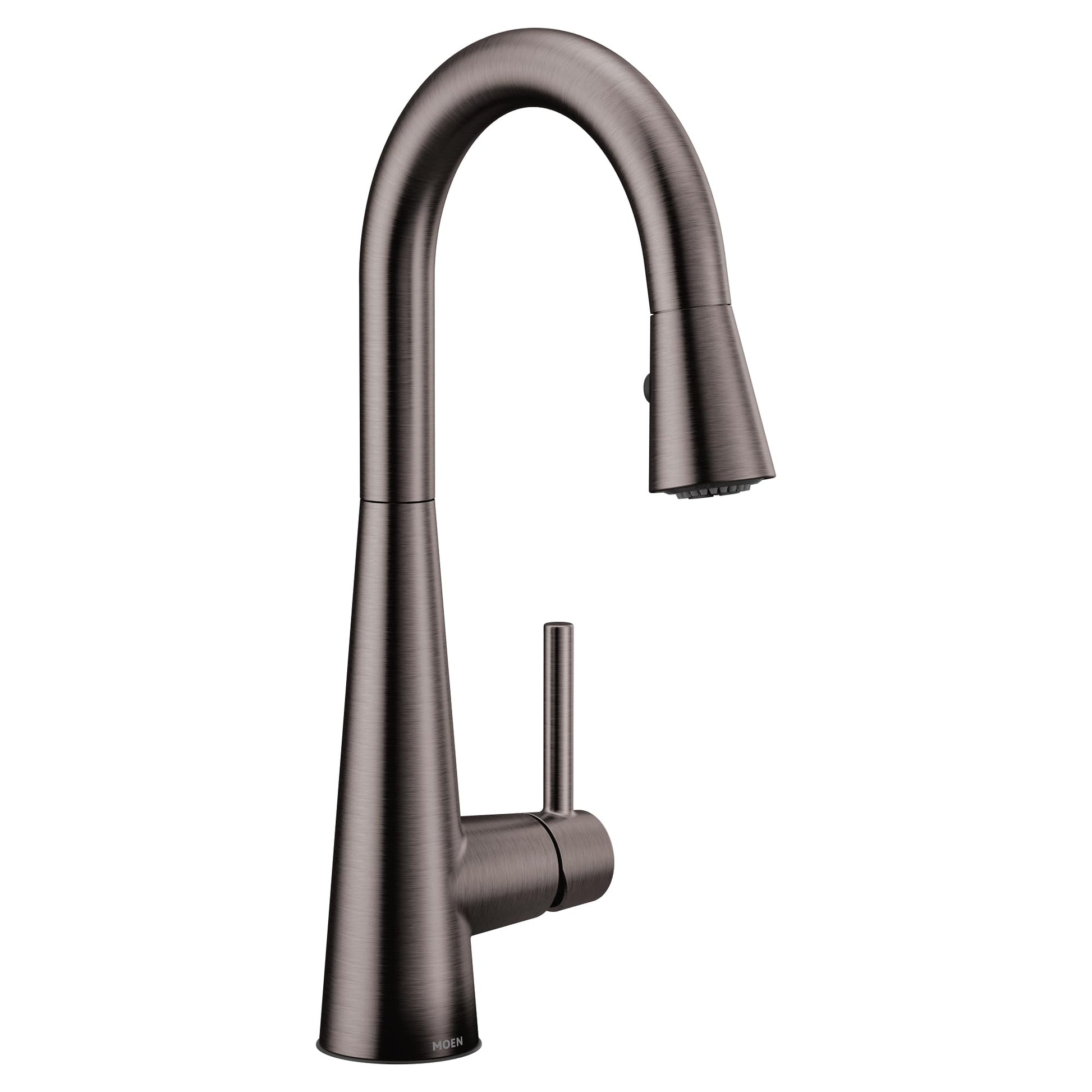 Black stainless steel pulldown bar faucet with high arc spout and single handle control.