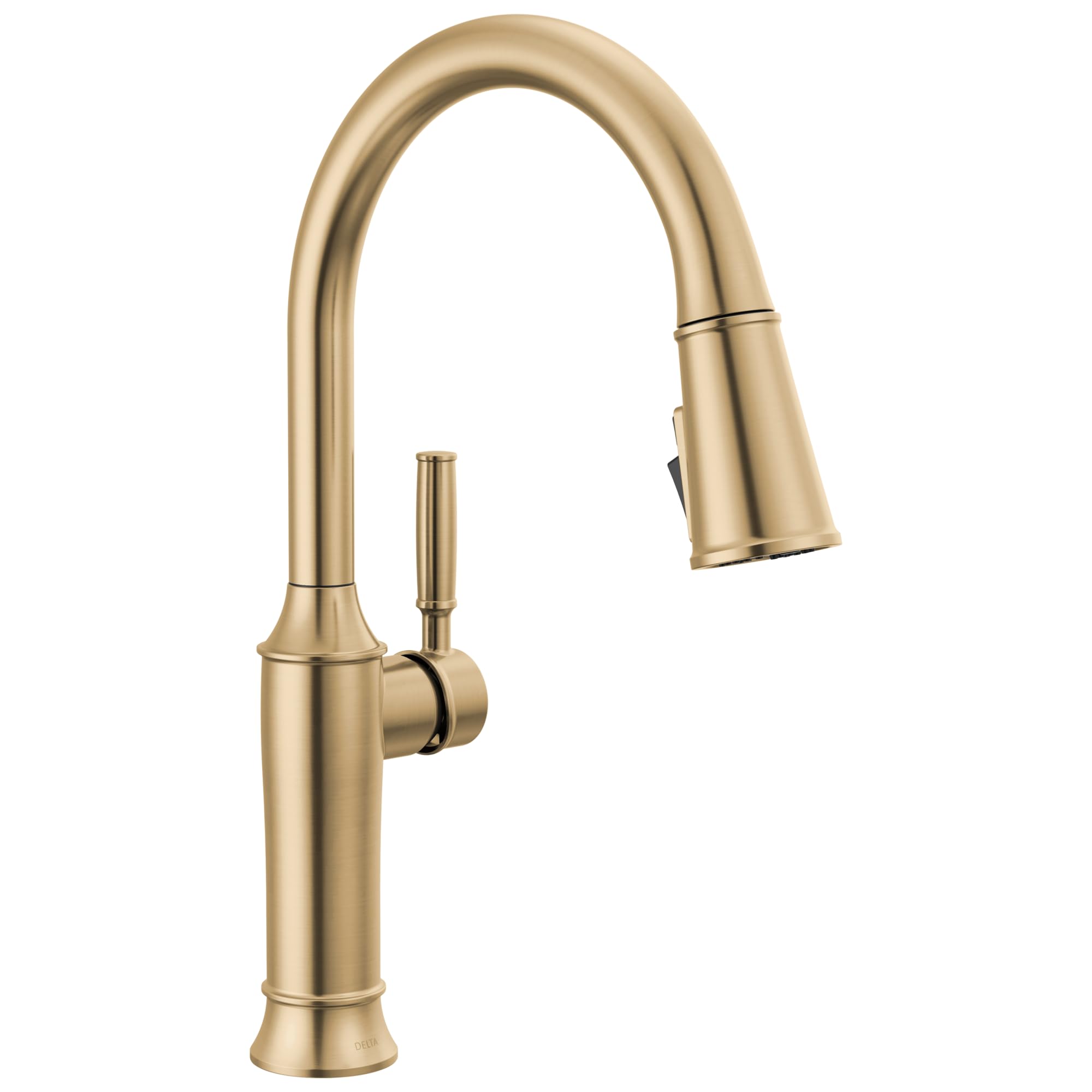 Champagne bronze single-handle kitchen faucet with curved pull-down spout and side lever control.