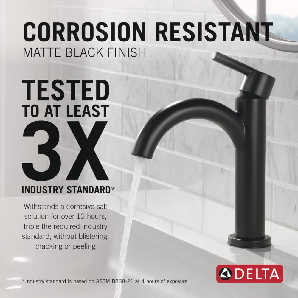 Matte black single-handle bathroom faucet with curved spout mounted on white subway tile backsplash.