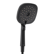 Matte black square handheld shower head with multiple spray nozzles and grip handle.
