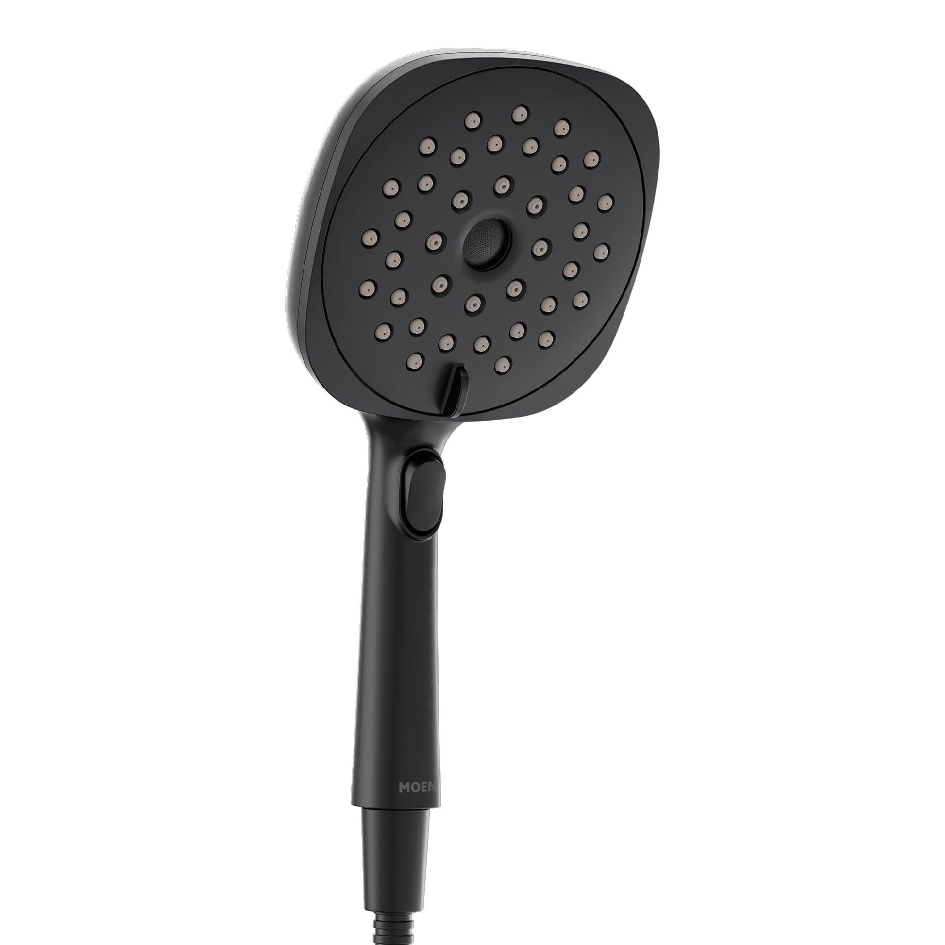 Matte black square handheld shower head with multiple spray nozzles and grip handle.