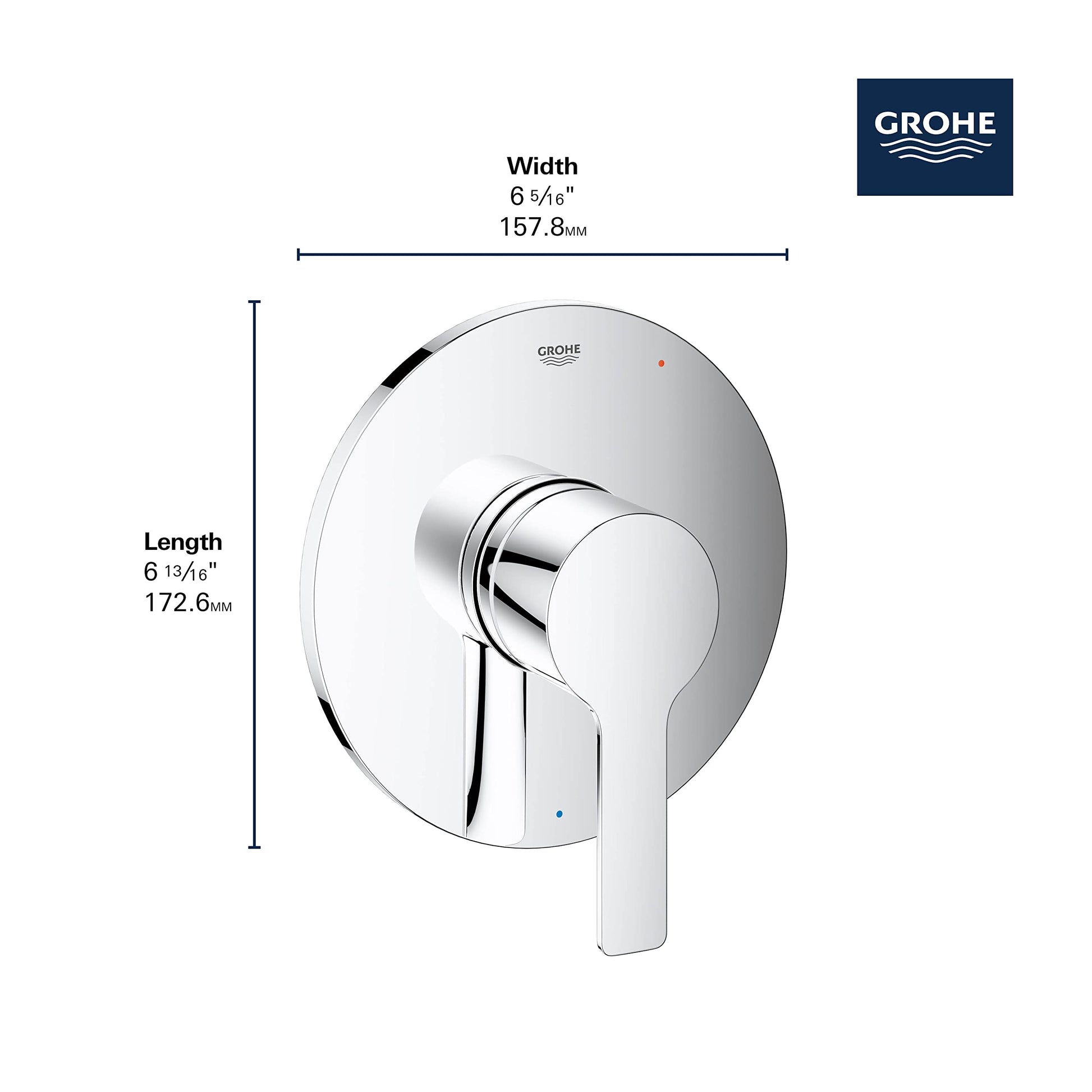 Grohe Lineare pressure balance valve trim with round escutcheon plate and lever handle in polished chrome finish.