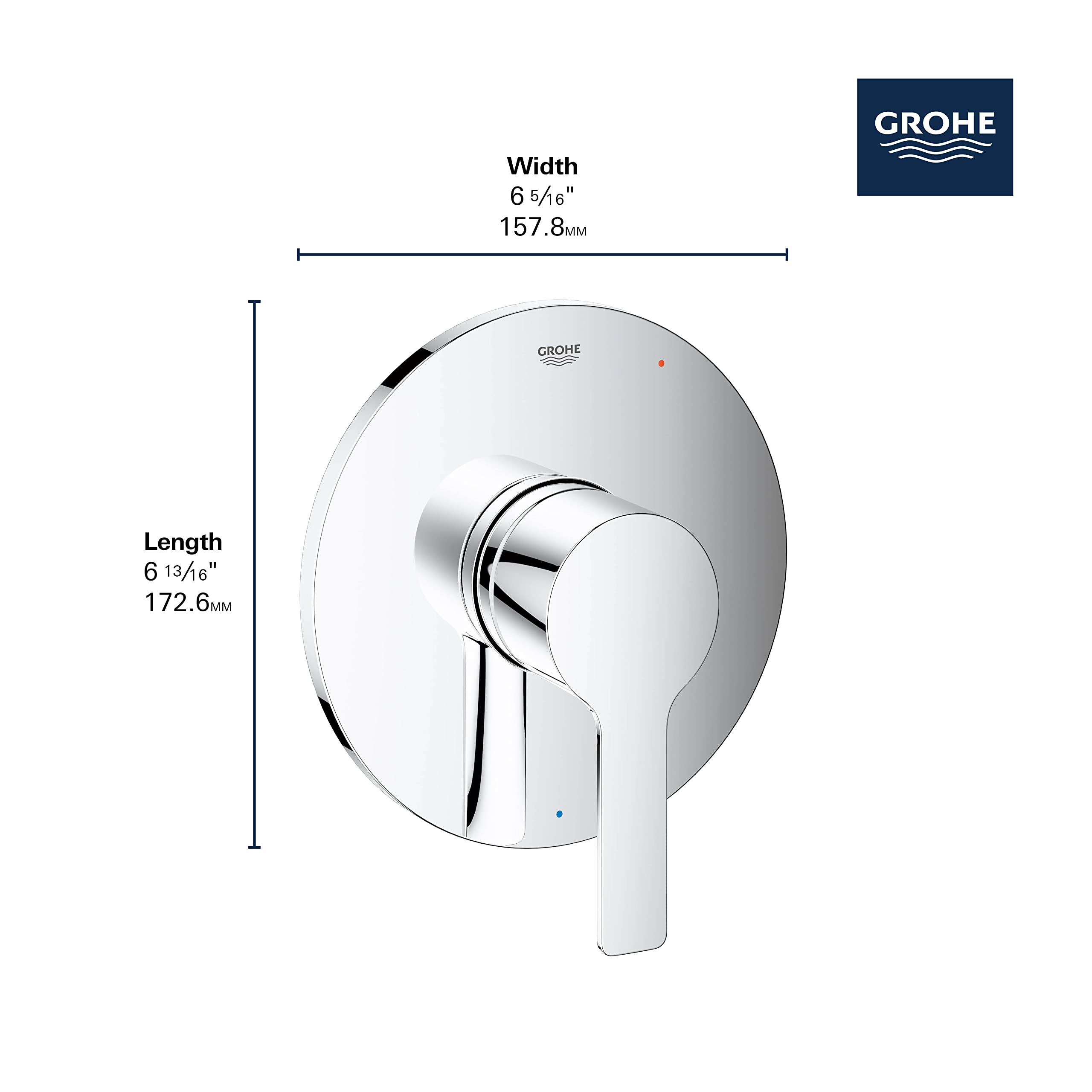 Grohe Lineare pressure balance valve trim with round escutcheon plate and lever handle in polished chrome finish.