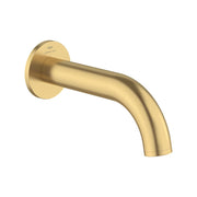 Grohe Atrio brushed gold tub spout with curved outlet and round wall-mounted flange.