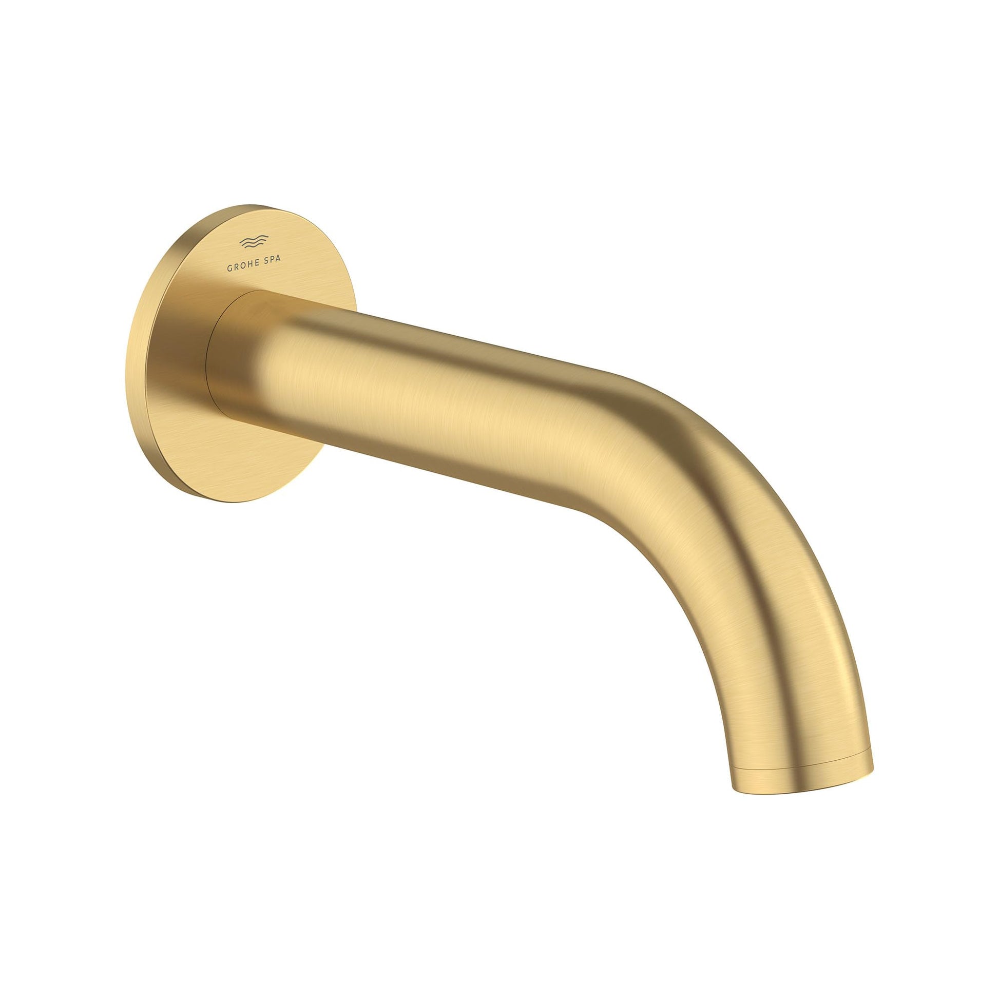 Grohe Atrio brushed gold tub spout with curved outlet and round wall-mounted flange.