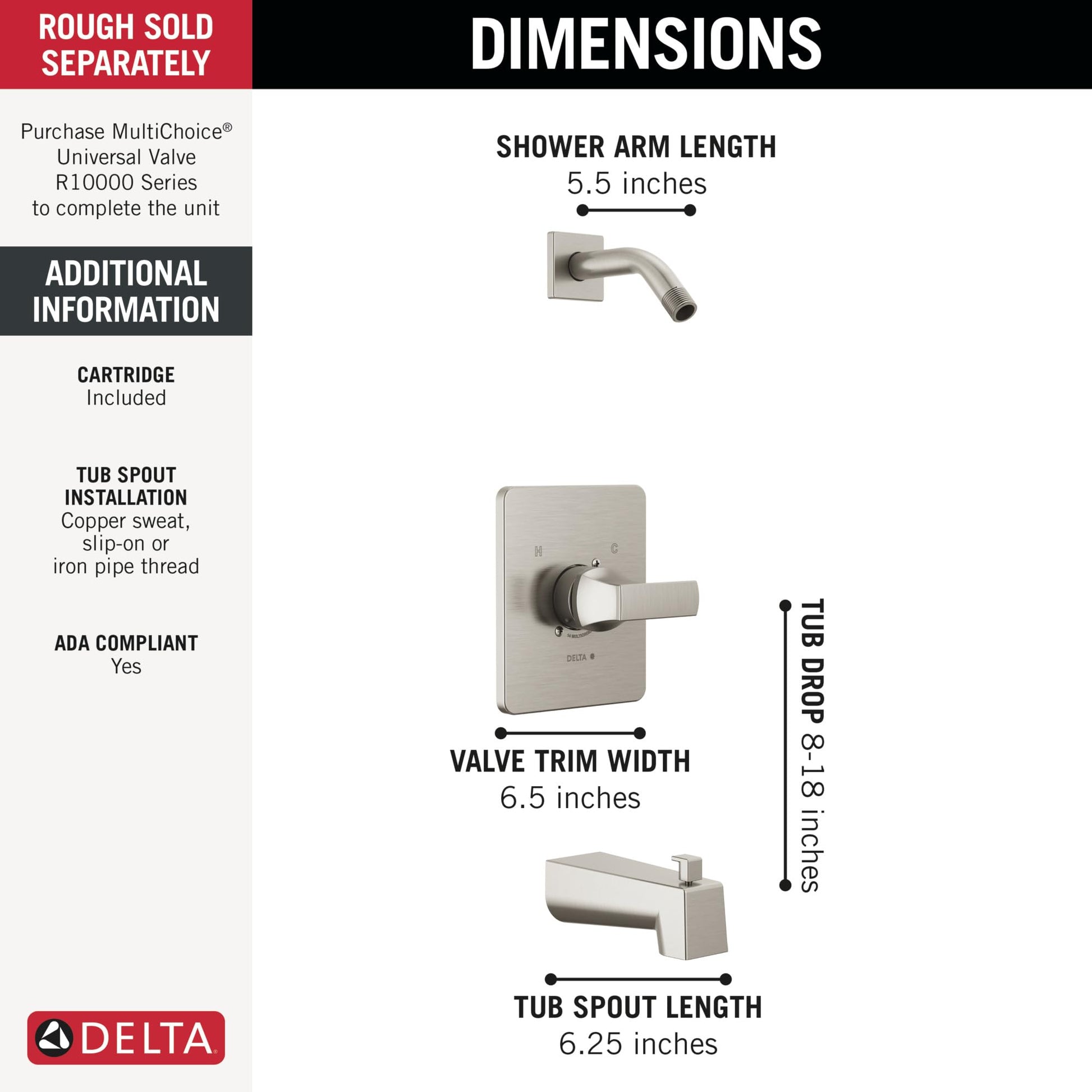 Stainless steel tub and shower valve trim with 5.5-inch shower arm, 6.5-inch valve width, and 6.25-inch tub spout.