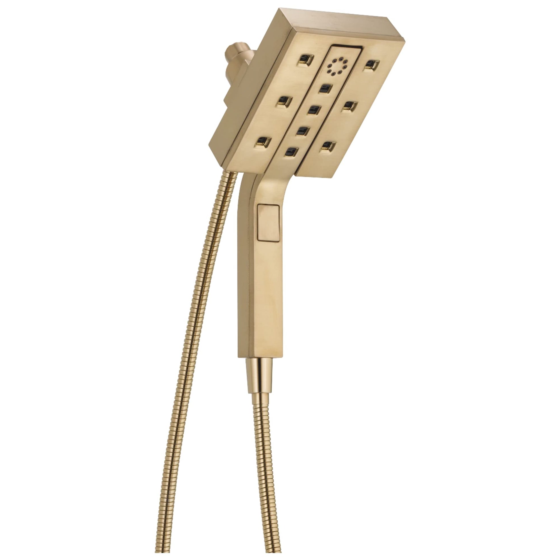 Champagne-finish square shower head with handheld attachment and flexible hoses.