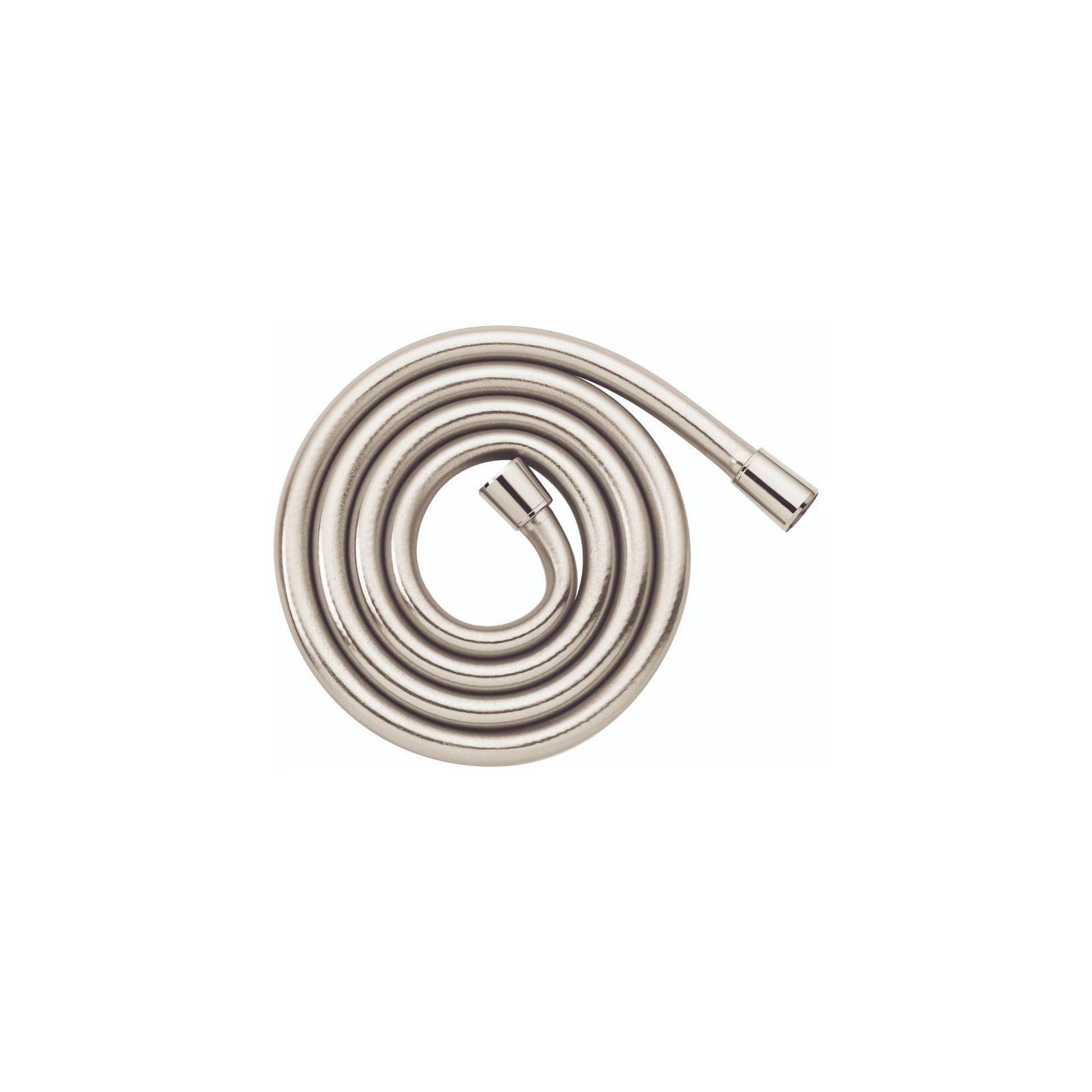 Polished nickel flexible shower hose coiled in a spiral, 63 inches long.