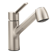 Spot Resist stainless steel kitchen faucet with single handle and pullout sprayer head.