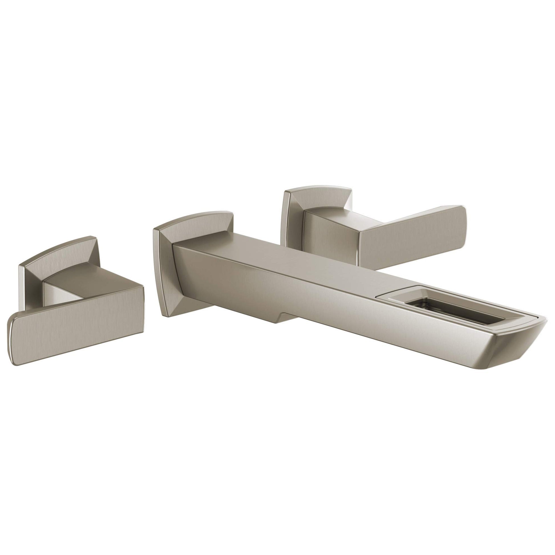 Brushed nickel wall-mount faucet with two square handles and open rectangular spout.