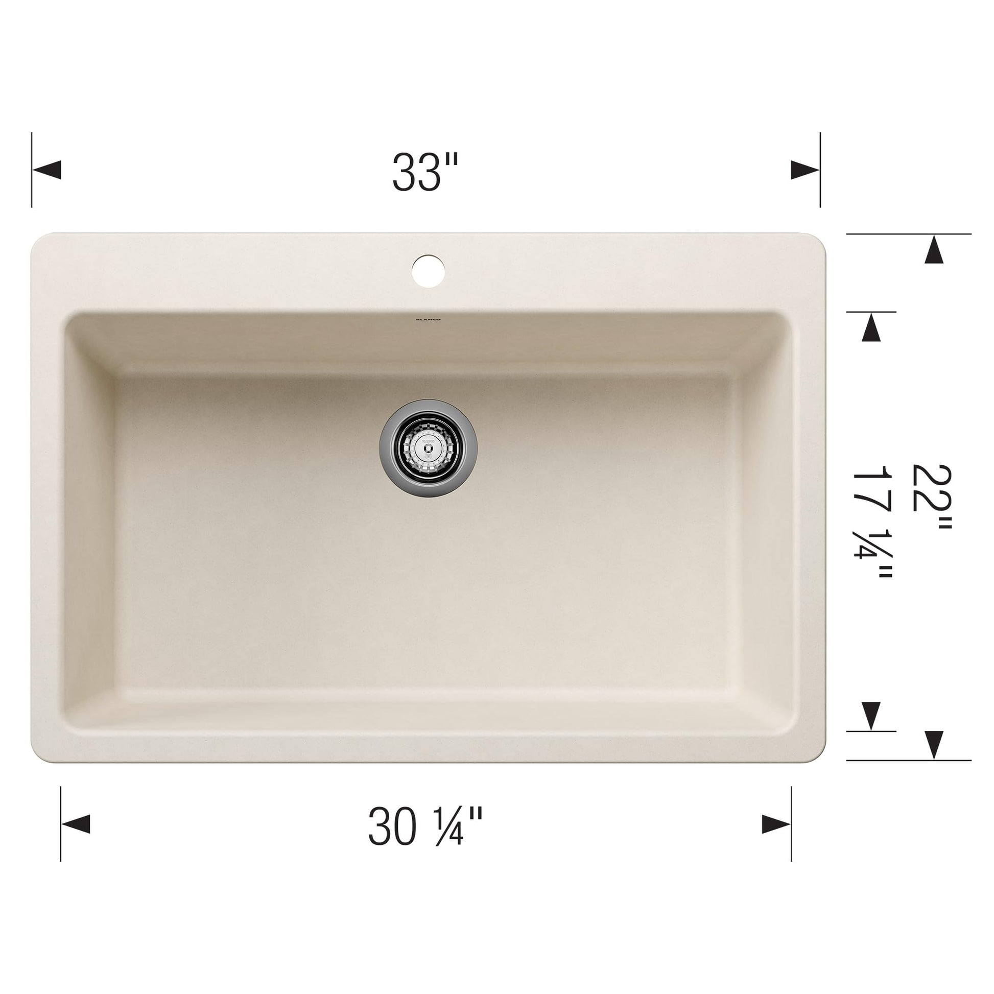 Soft white single bowl drop-in kitchen sink with chrome drain, 33" wide by 22" deep.