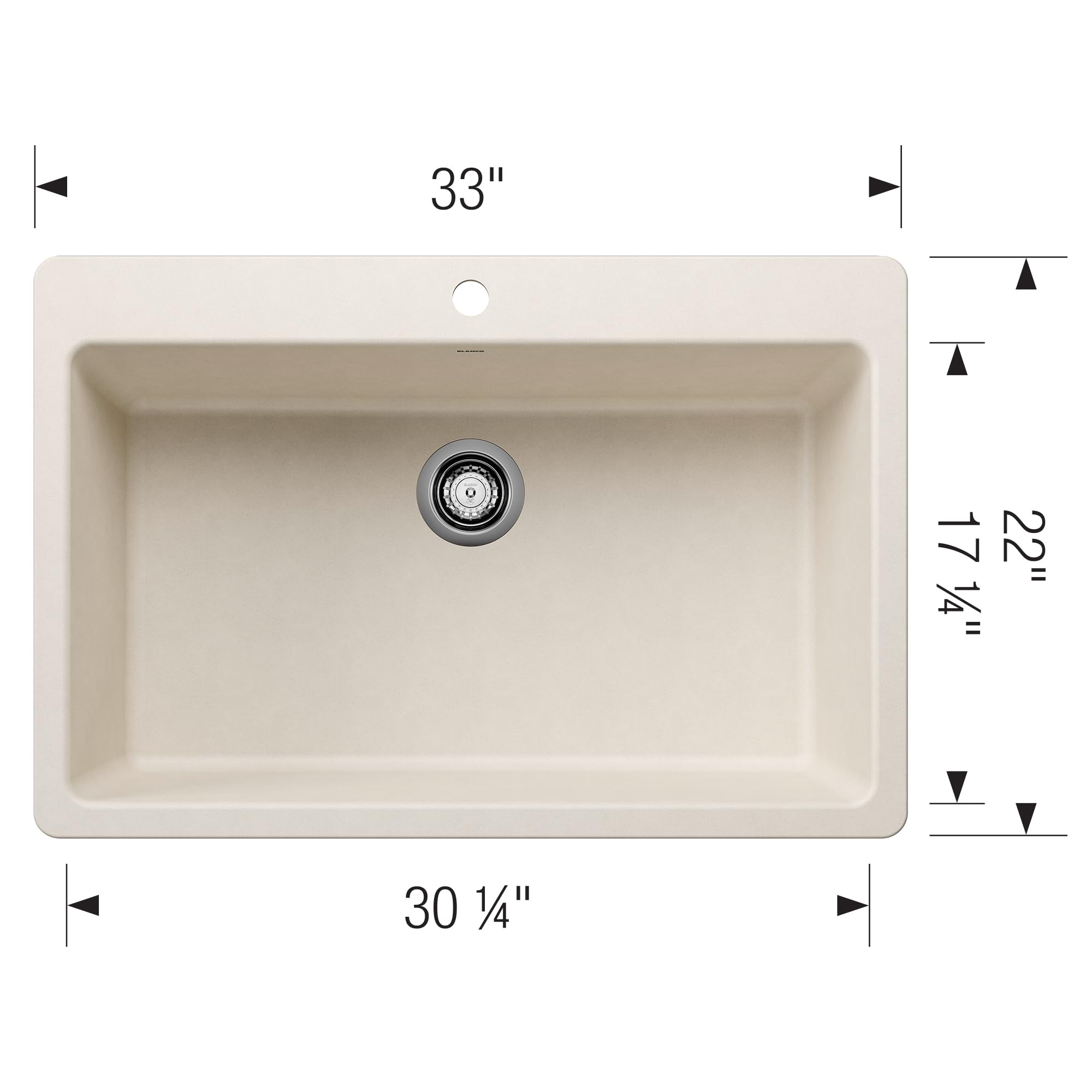 Soft white single bowl drop-in kitchen sink with chrome drain, 33" wide by 22" deep.