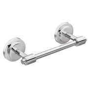 Chrome pivoting toilet paper holder with two circular wall mounts connected by a horizontal bar with rotating arm.