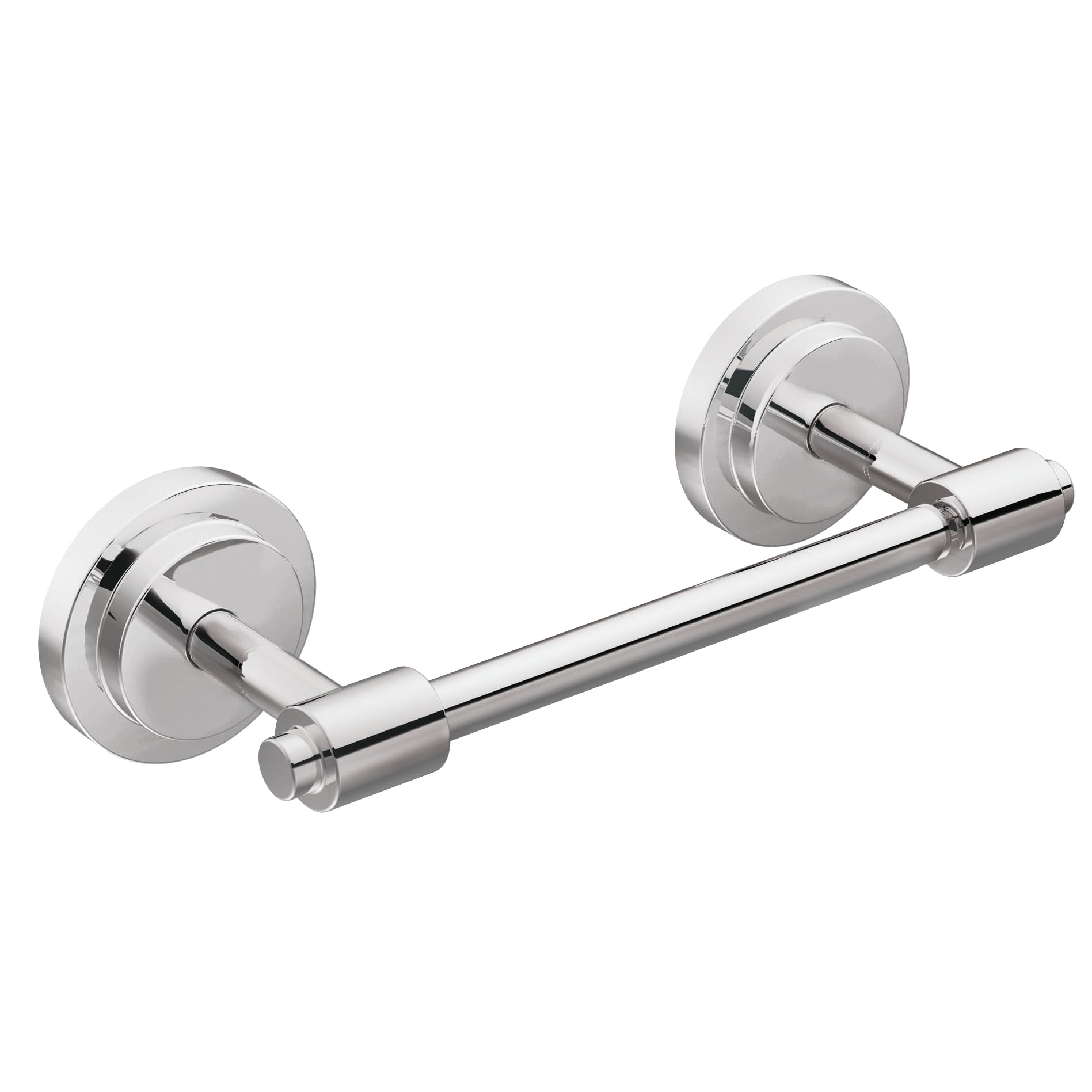 Chrome pivoting toilet paper holder with two circular wall mounts connected by a horizontal bar with rotating arm.
