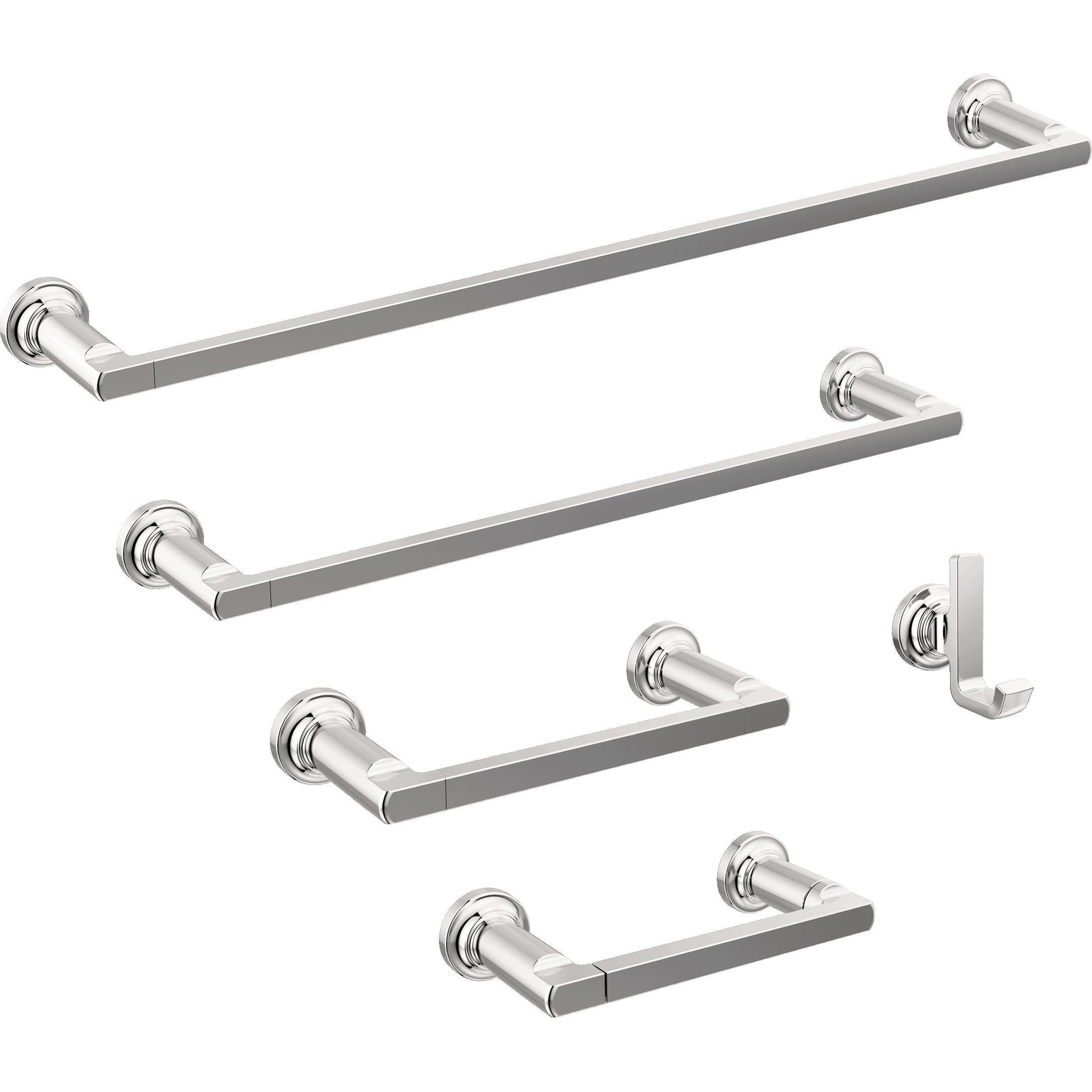 Chrome towel bars and hooks with cylindrical wall-mounted brackets in varying lengths and styles.