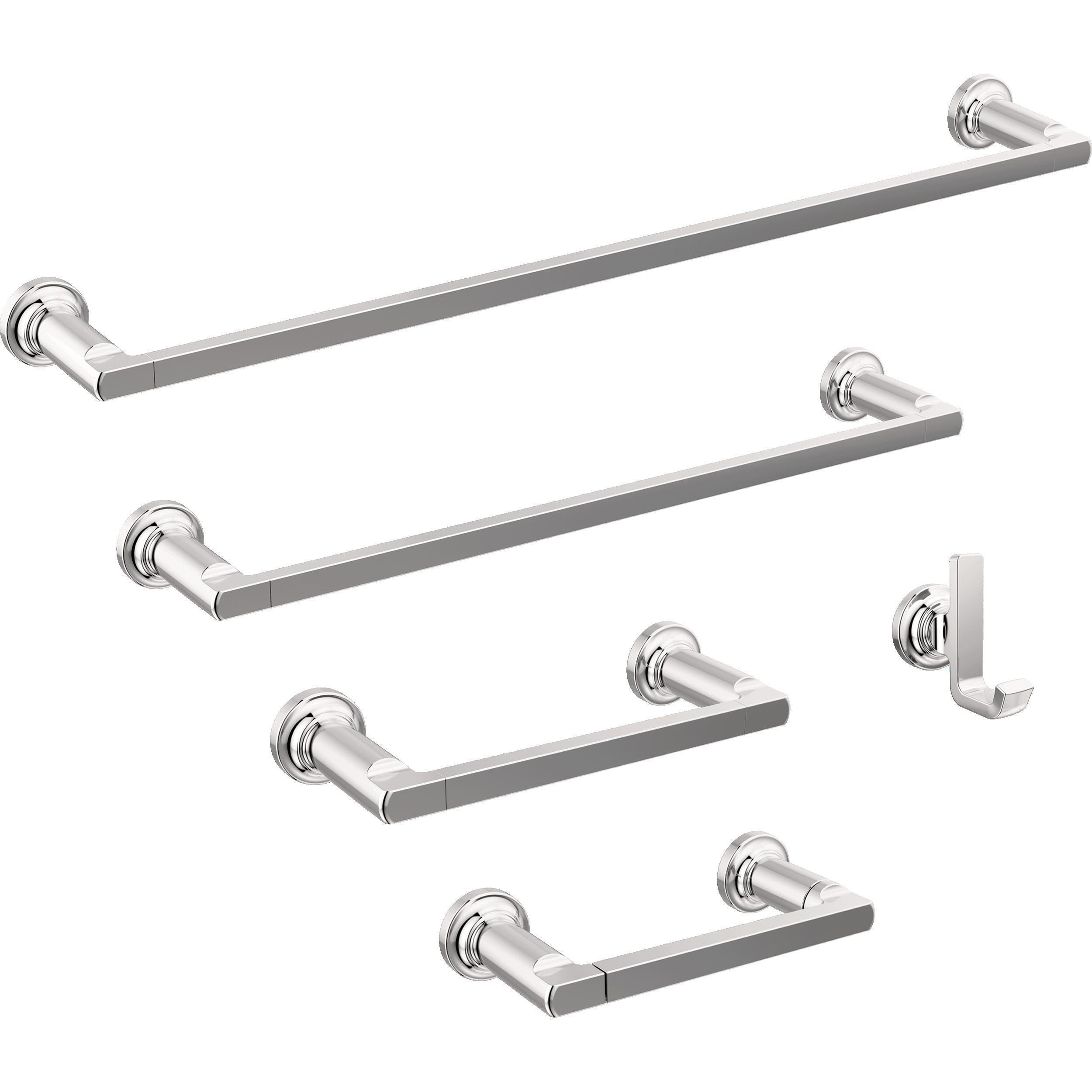 Chrome tissue holder bars and hook with wall-mounted brackets in various sizes.