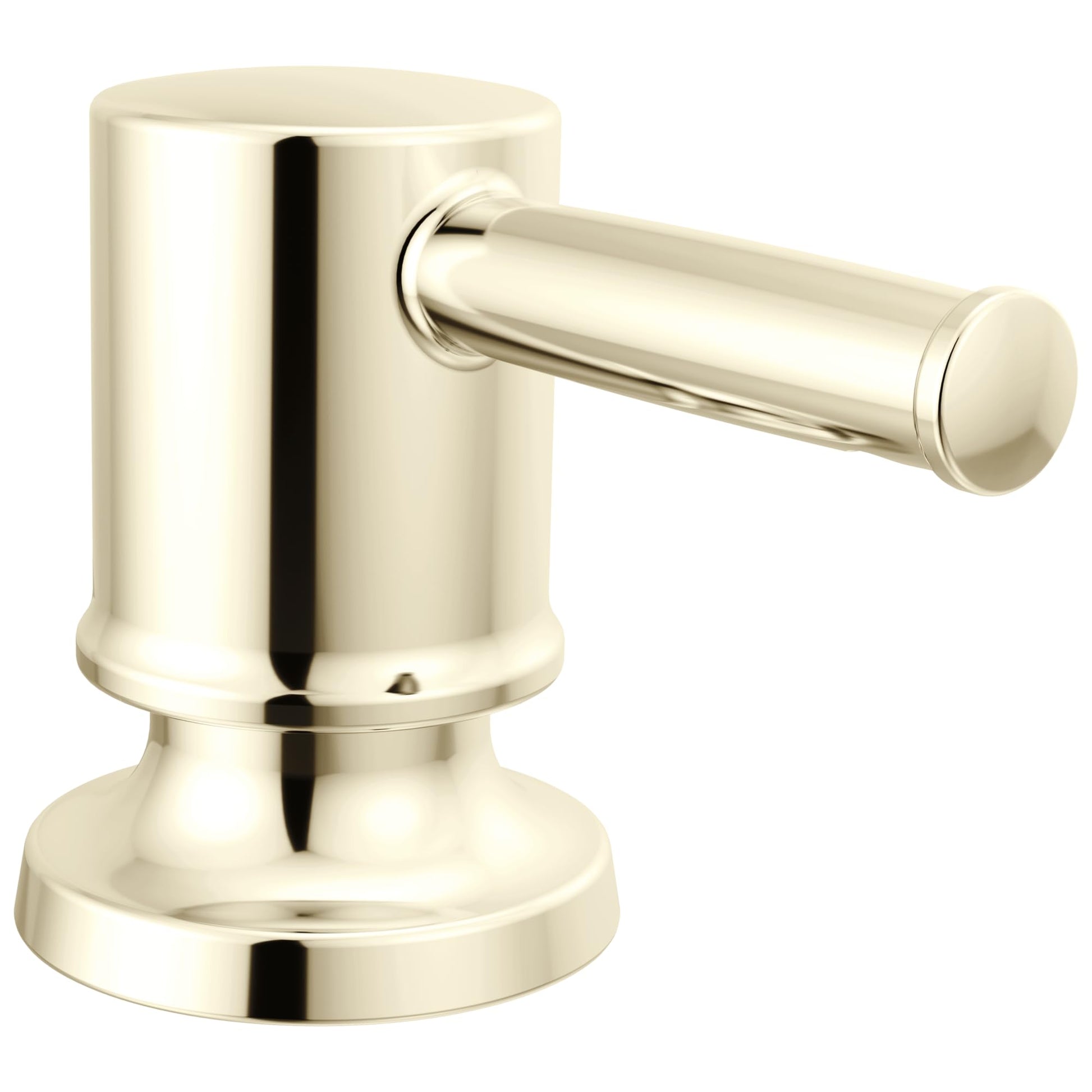 Polished nickel metal soap dispenser with cylindrical pump and round base.