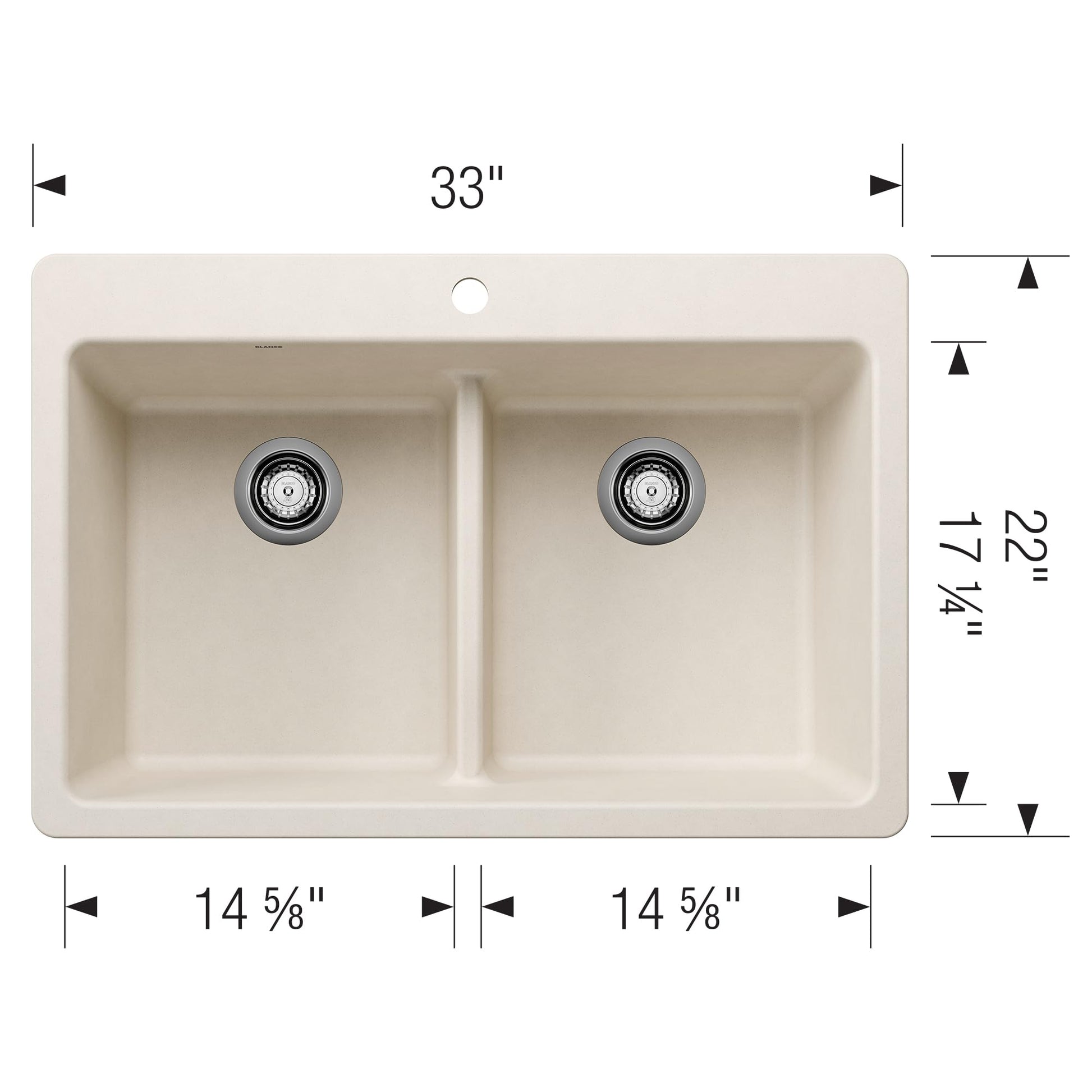 Soft white dual-mount kitchen sink with two equal square bowls and low divide, 33 inches wide.