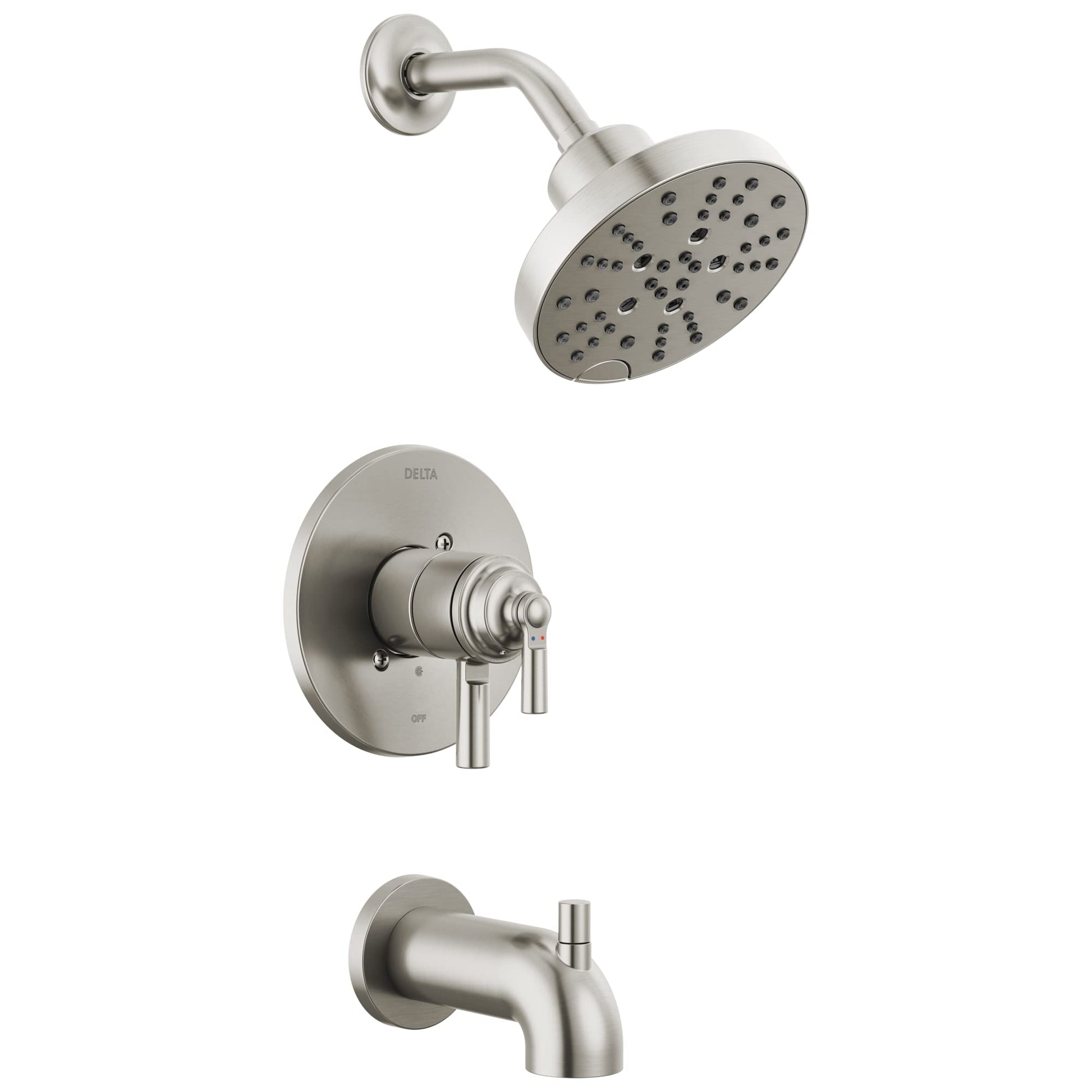 Brushed nickel tub and shower trim set with round showerhead, wall-mounted valve control, and tub spout.