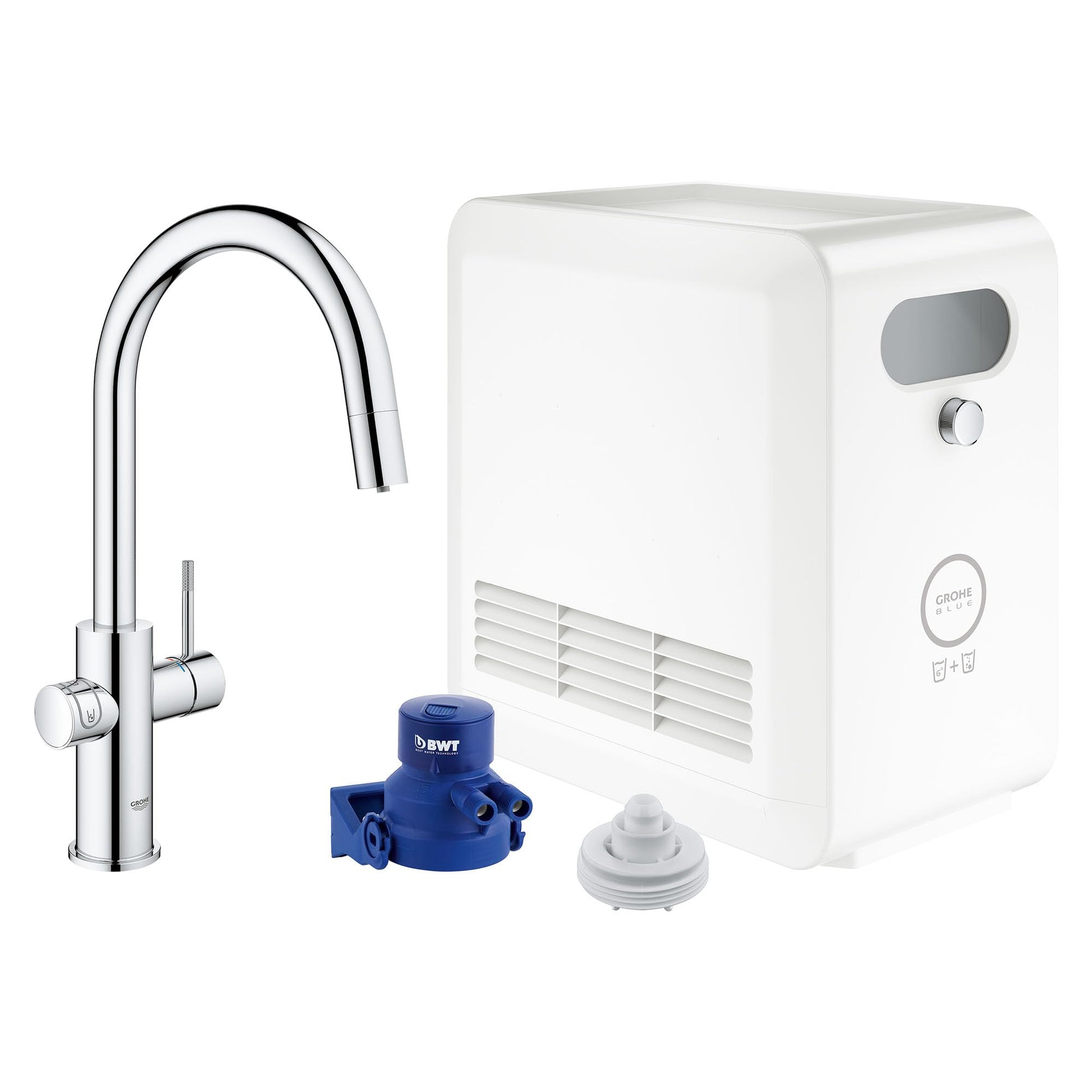 Chrome pull-down kitchen faucet with white filtration unit and blue filter cartridge shown separately.