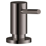 Grohe Cosmopolitan soap dispenser in hard graphite with cylindrical body and side-mounted pump lever.