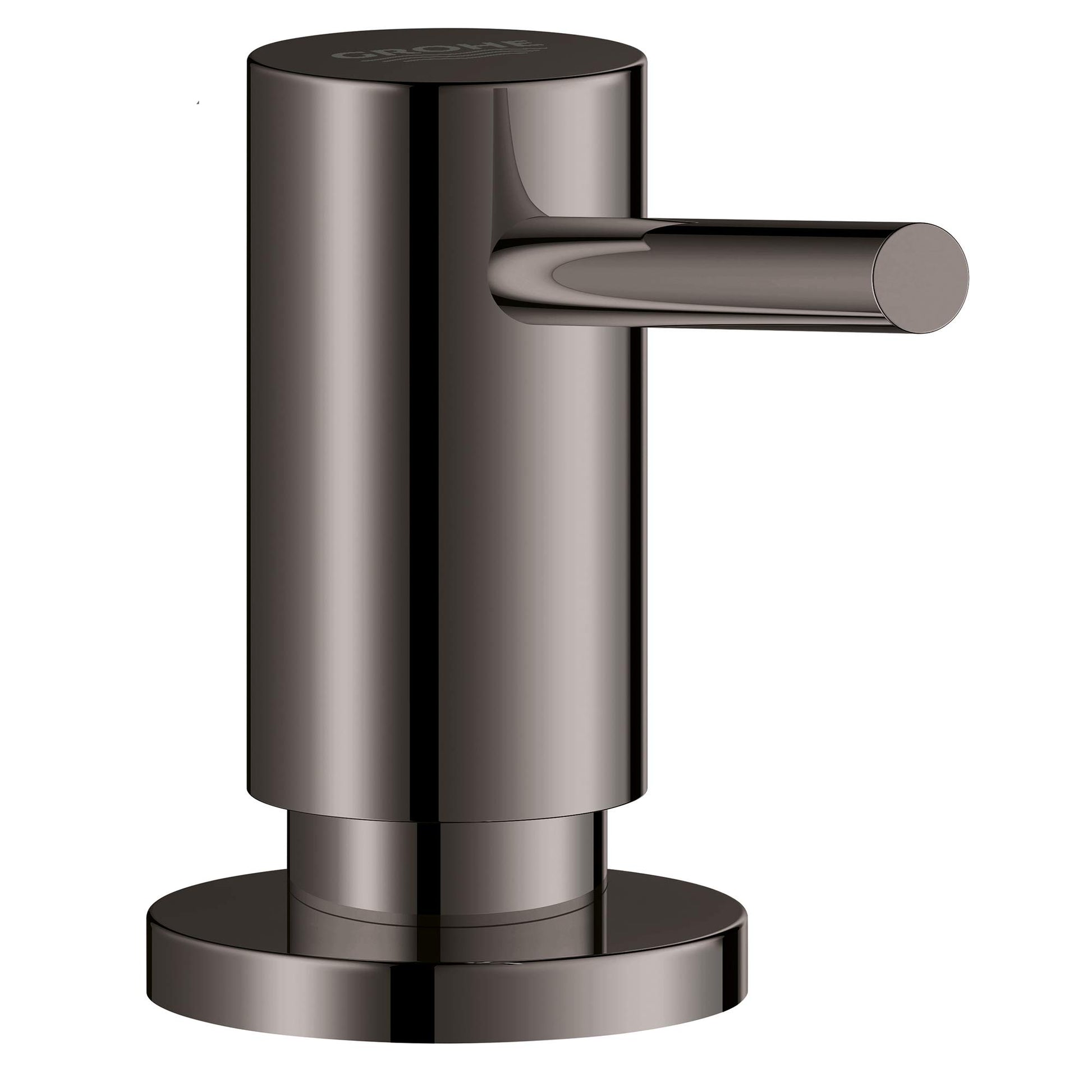 Grohe Cosmopolitan soap dispenser in hard graphite with cylindrical body and side-mounted pump lever.