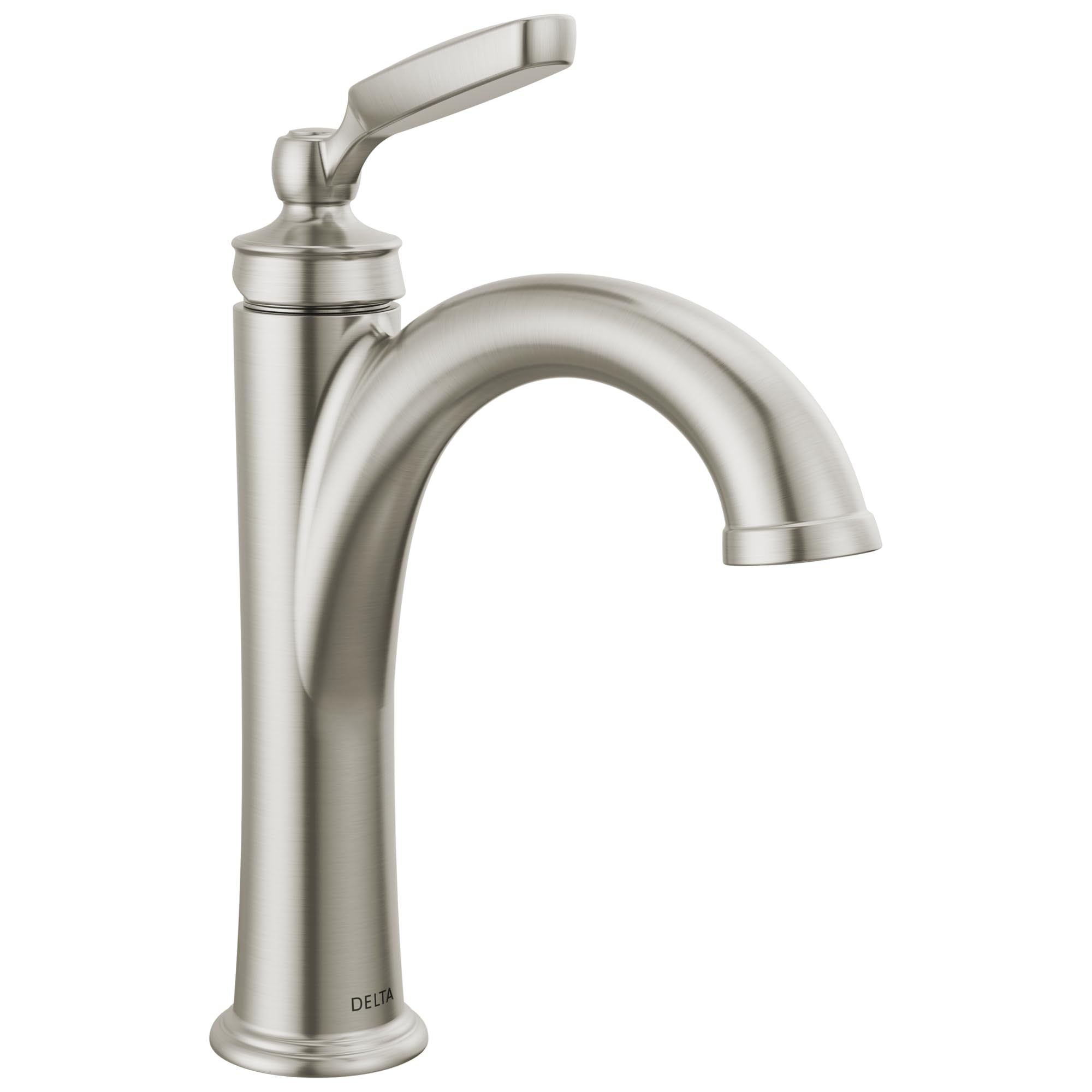 Brushed nickel single-handle bathroom faucet with curved spout and lever handle.