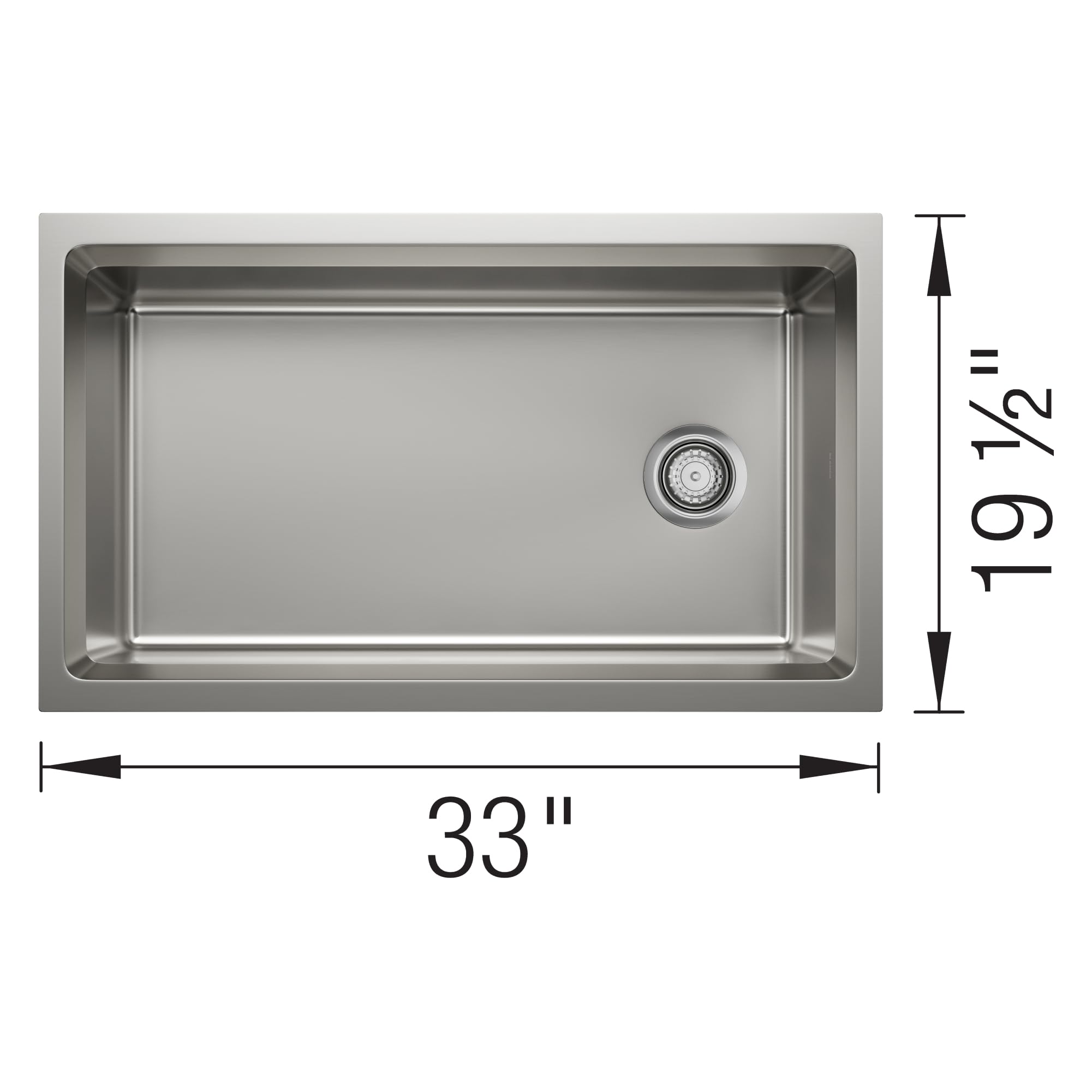 Stainless steel undermount kitchen sink with single basin and drain, 33 inches wide by 19.5 inches deep.