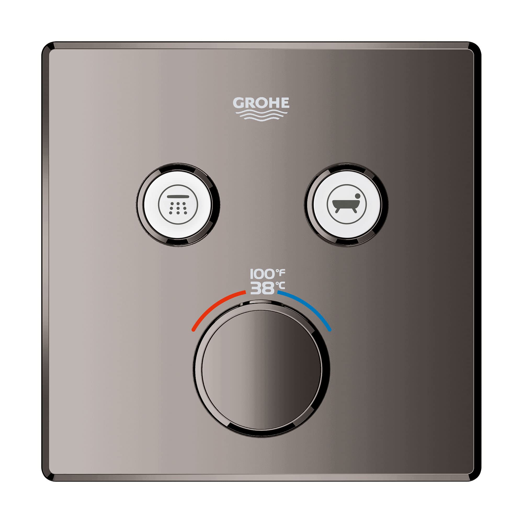 Grohe thermostatic valve trim in hard graphite with two function buttons and central temperature control dial marked 38°C.